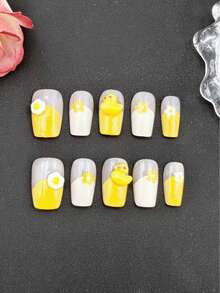 10片手工美甲贴纸套装，芥末黄短梯形，香氛法式美甲贴纸，美甲贴纸，新年美甲，情人节美甲，UV凝胶美甲，夏季美甲，日常美甲，优雅设计，高端法式风格，凝胶指甲油，闪粉，猫眼效果，金属光泽按压式美甲贴片 - 芥末黃 - 查看 5