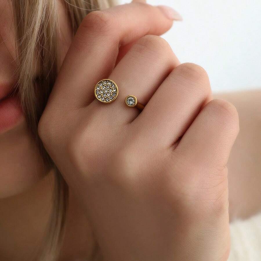 New Arrival Stainless Steel Rhinestone Casting Open Ring, Luxury Niche Retro Design, Non-Fading, Unique - Golden 3 - View 1