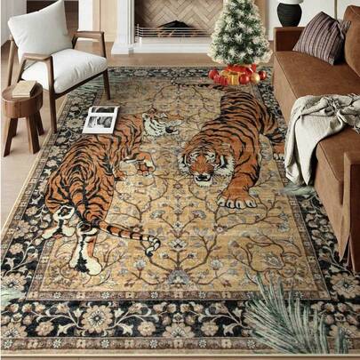 母亲节限量版：1 件复古虎纹加厚地毯，绒面材质，厚实耐用，适合秋冬季节，可用作卧室、客厅、户外装饰地毯，可机洗。