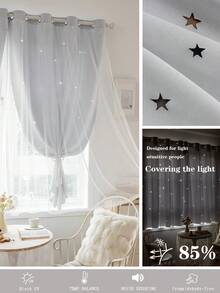 1 pieza Cortina de estrella hueca, de poliéster con doble capa de encaje transparente, cortina oscurecedora para ventana de dormitorio, cortina con estilo de princesa único y lindo, adecuada para días festivos - Gris Claro - Ver 8
