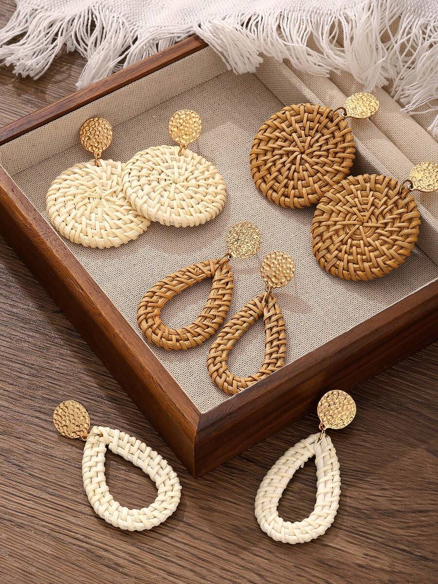 1/4对藤编耳环，轻盈几何造型，手工稻草编织，水滴形耳环，垂坠式耳环 - 米棕 - 查看 1