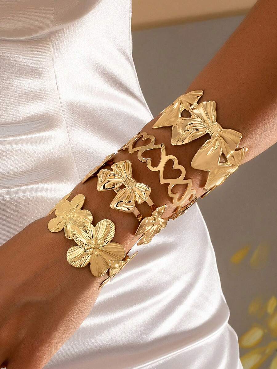 1 chiếc vòng tay dạng hở đa năng hình nơ, hoa cúc, trái tim dành cho nữ - Vàng - Xem 1