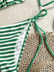 Swim Mod Women's Summer Beach Striped Halter Tie Sexy Bikini Swimsuit Set - 綠色 - 查看 4