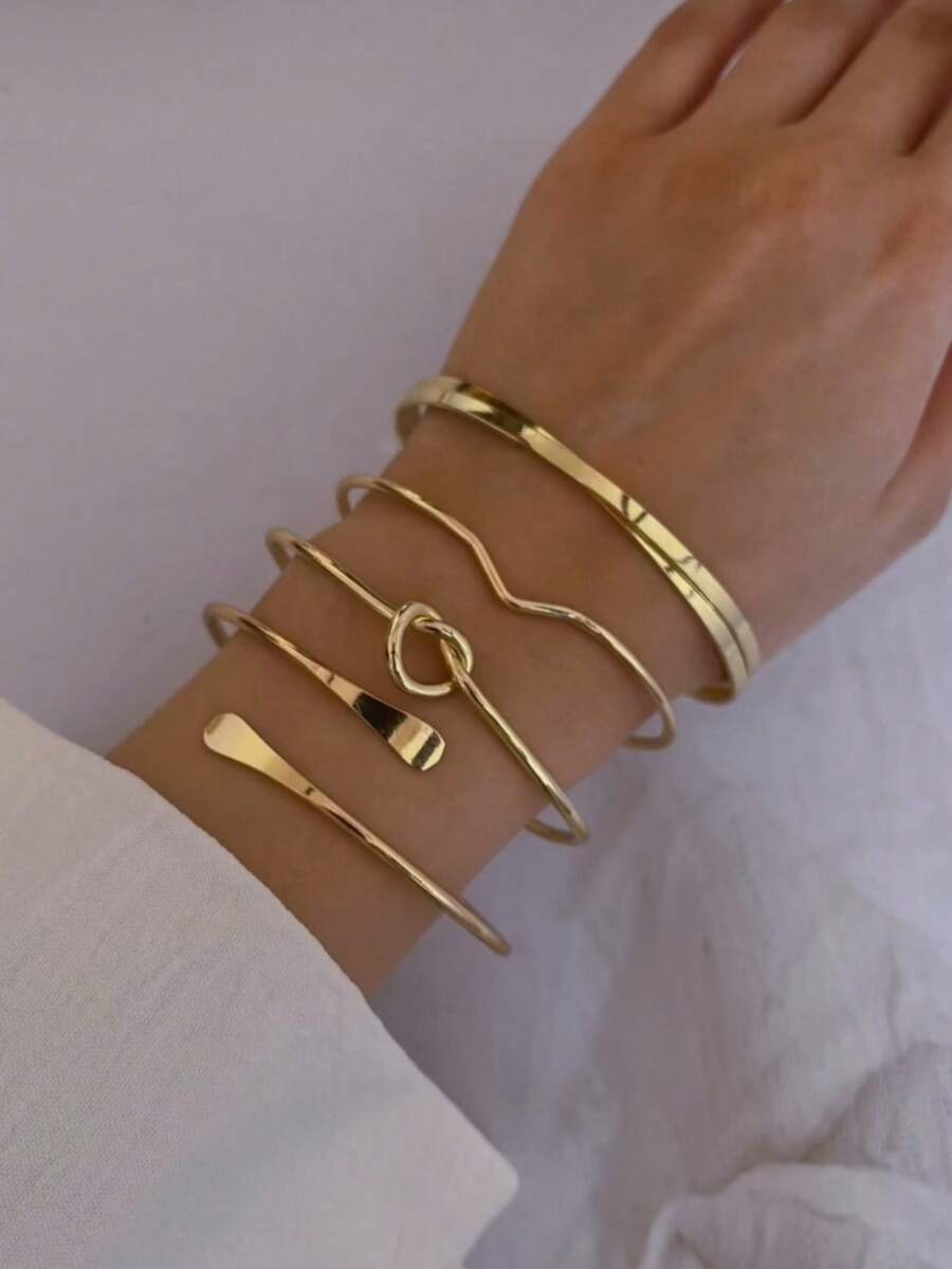 4pcs Fashionable Minimalist Knotted V-Shaped Open Bangle Bracelets, Versatile Stackable Adjustable Bracelet Set For Women - Gold - View 1