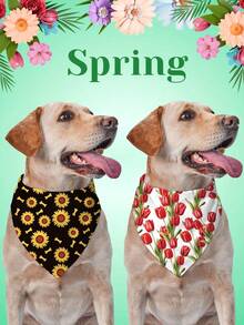 2 piezas Pañuelos triangulares ajustables con estampado de plantas y frutas para perros y gatos pequeños a grandes, con diseños de árbol de coco, girasol, para primavera y verano - Multicolor - Ver 12