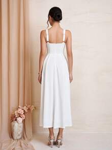Women's Elegant White Square Neck Adjustable Strap A-Line Midi Dress (Back Zipper Design), Formal Dress For Wedding Guests, Dinners, Parties & Cocktail Events Summer - White - View 2