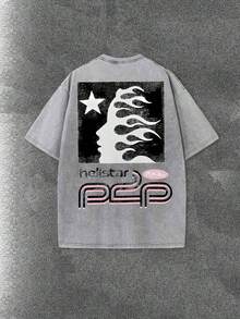 BOTANICBEAT 1PC Worn-Out Washed Men's Short-Sleeved Shirt, Featuring A Pink Meteor Flame Human Face Silhouette Pattern In Letters On A Double-Sided Print, Retro Casual Loose Men's T-Shirt, Comfortable And Versatile Men's Clothing Summer Tops Men Shirts - 灰色 - 查看 3