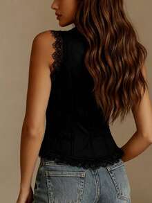 Women's Western Style V-Neck Vest Lace Trim Single-Breasted Cowgirl Sexy Fashion Spicy Waist Cincined Punk Waistcoat - 白色 - 查看 7