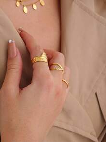 Set de 3 anillos geométricos asimétricos de acero inoxidable chapado en oro de 18K, de estilo minimalista y elegante, adecuados para uso diario, festivales, citas, cenas, como joyería de alta gama y regalo - Multicolor - Ver 2