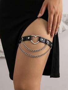 1pc Fashionable Retro Heart Shaped Multi-Layer Tassel Black Leather Thigh Chain - Black - View 5