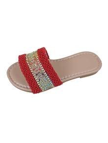 A Pair Of Girls' Summer Slippers In China Red With Woven Straps, 2026 New Red And Gold Color-Block Woven Casual Open-Toe Flat Slippers, Suitable For Both Home And Outdoor Wear For Children. - Red - View 9