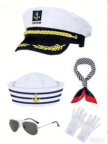 海军帽套装，包括白色帽子、复古平顶军帽、海军上尉帽、蓝白条纹上尉帽，适合角色扮演、派对、万圣节、情人节等场合，也可日常佩戴，搭配海滩度假、海滩场景。 - 彩色 - 查看 1