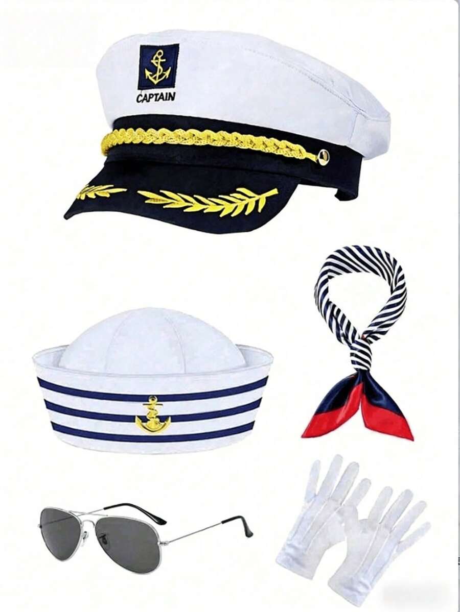 海军帽套装，包括白色帽子、复古平顶军帽、海军上尉帽、蓝白条纹上尉帽，适合角色扮演、派对、万圣节、情人节等场合，也可日常佩戴，搭配海滩度假、海滩场景。 - 彩色 - 查看 1