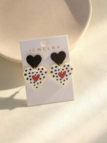 一对可爱浪漫的法式黑色波点红色爱心涂鸦亚克力吊坠耳环，送给女性的礼物，适合音乐节、节日派对等场合 - 黑與白 - 查看 3
