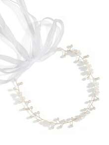 1pc Elegant Faux Pearl & Flower Decor Bridal Hair Vine, Boho Ribbon Tie Headpiece Wedding Hair Accessory For Women - Gold - View 6
