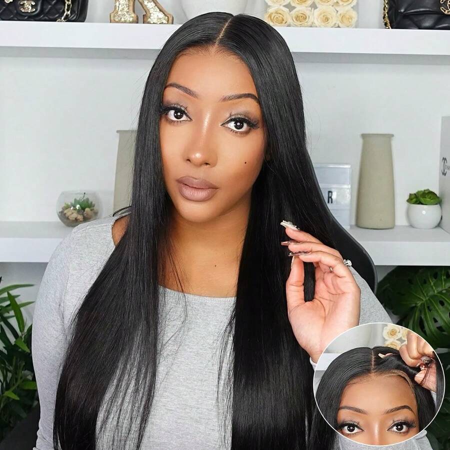 即戴即用无胶假发，真人发，预先拔毛，预先剪裁，4x4直发蕾丝前假发，女士真人发假发，无需胶水，高清蕾丝前闭合，即戴即用，180%密度，自然黑