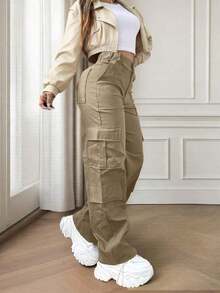 Solid-Color Multi-Pocket Buttoned Casual Y2K Leisure Elegant And Cute Work Pants.Suitable For Back-To-School, Clubs, Birthday Parties, Halloween, New Year, Thanksgiving, Concerts, Gyms, Beaches, Vacations, Business, Daily Airport Wear, Street Style, Teacher's Day, Spring, Summer, Autumn And Winter. - 深卡其色 - 查看 3