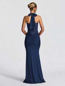 Women's Sexy Spaghetti Strap Backless Waist-Cinched High Slit Dress, Mesh Patchwork Spring Party Dress Perfect For Vacation, Wedding Events & Evening Occasions - 藏蓝色 - 查看 2