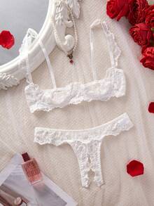 法国轻薄性感蕾丝文胸内裤套装，舒适透气，适合日常穿着，包含一件文胸和一条丁字裤两件套内衣。 - 白色 - 查看 2