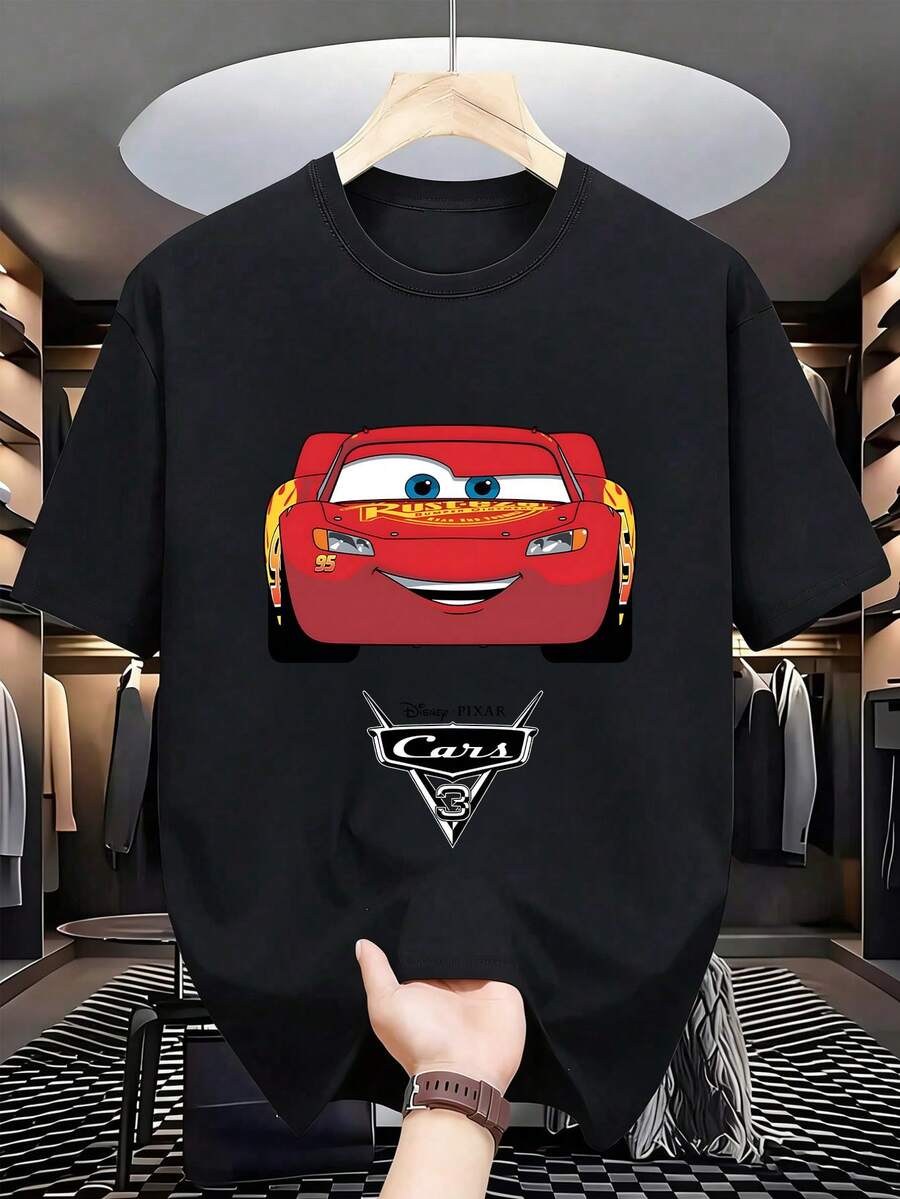 Disney Cars  Men's Casual T-Shirt Classic Cartoon Car Print Black Short Sleeve Cool Personality Loose Crew Neck Top - 黑色 - 查看 1