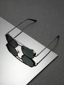 一副男女通用大框几何太阳镜，金属材质，UV400 防护，复古朋克风格，链条镜腿，街头时尚摄影必备单品 - 黑色 - 查看 6