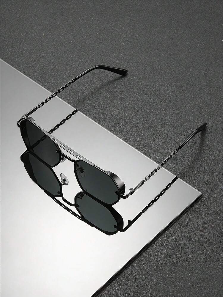 1 Pair Unisex Large Frame Geometric Sunglasses, Metal Material, UV400 Protection, Retro Punk Style With Chain Temples, Street Fashion Photography Essential - Black - View 6