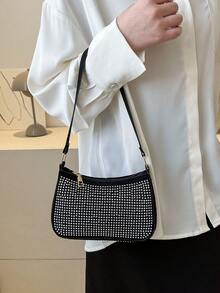 Fashionable Rhinestone Studded Shiny Women's Underarm Bag, New Minimalist Elegant One Shoulder Handbag - Silver - View 7