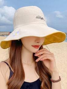 1 chiếc mũ chống nắng mùa xuân/hè - Mũ tai bèo vành rộng thêu họa tiết thời trang mới, mũ chống nắng hai mặt chất liệu cotton pha, mũ chống nắng họa tiết hoa cúc, mũ thường ngày dành cho nữ. - Nhiều màu - Xem 8