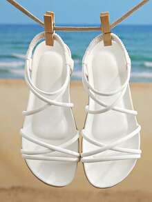 Giày sandal nữ da trắng đế bằng mới, sandal La Mã quai chéo, sandal liền thân co giãn thoải mái, sandal đi biển chống trượt chống thấm nước, sandal kiểu Pháp thanh lịch và đa năng. - trắng - Xem 10