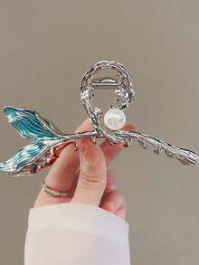 1pc Women's Blue Metallic Mermaid Shark Claw Hair Clip, Faux Pearl Elegant Princess Updo Hair Accessory - Sky Blue - View 3