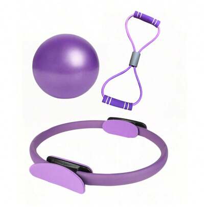 一套普拉提训练器材，包含普拉提圈、瑜伽阻力带和25厘米哑光防爆瑜伽球，女士家用普拉提装备，健身塑形。