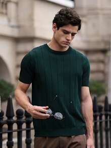 Jersey de punto de cuello redondo de manga corta acanalado para hombre, primavera/verano - Verde Oscuro - Ver 3
