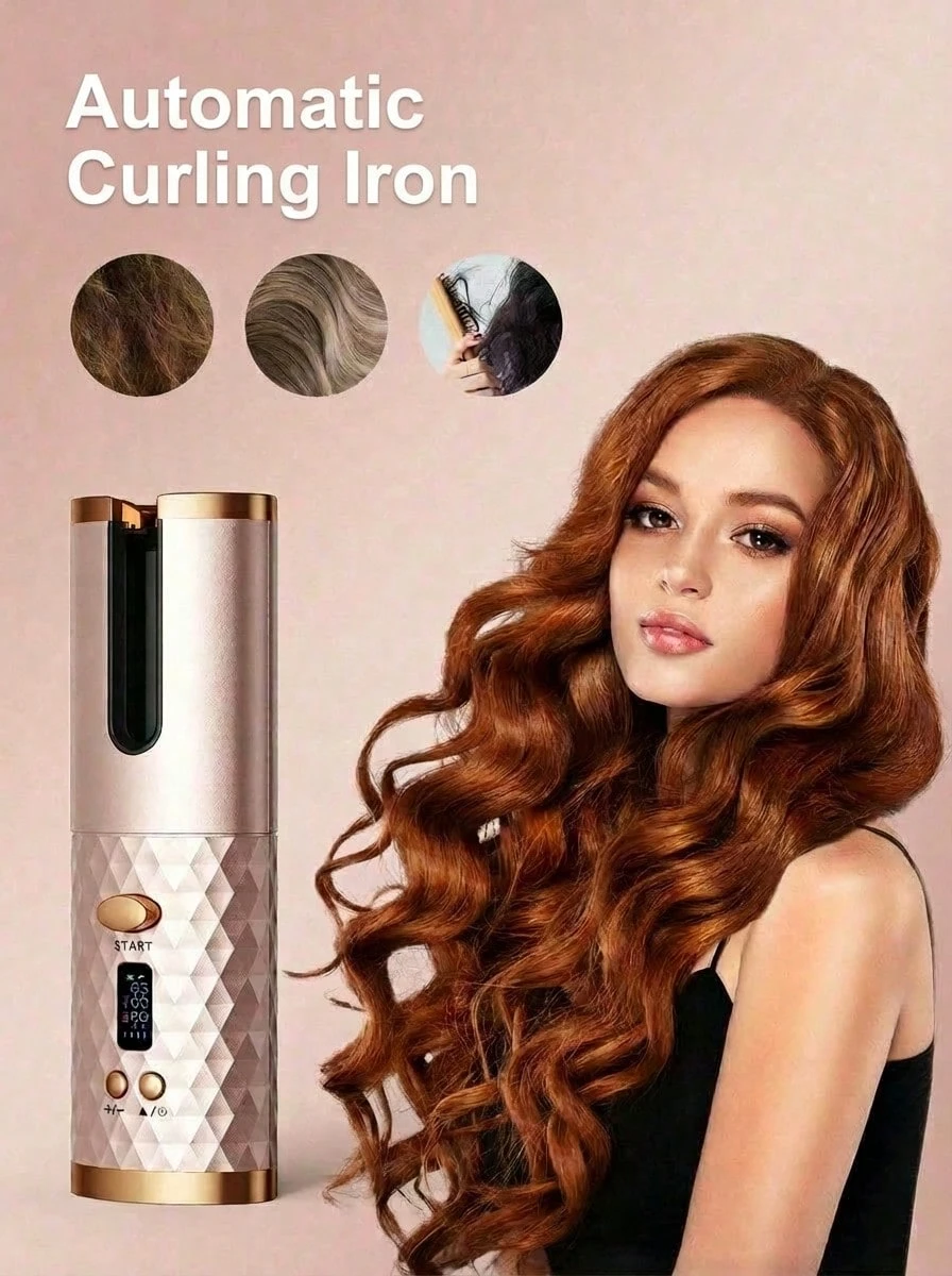 Máy uốn tóc tự động, Máy uốn tóc tự động không dây, Máy uốn tóc xoay bằng gốm với 6 mức nhiệt độ và hẹn giờ, Máy uốn tóc cầm tay có thể sạc lại, Tự động tắt, Máy uốn tóc nóng nhanh để tạo kiểu - Hồng - Xem 1