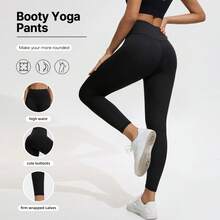 女士高腰收腹瑜伽裤，纯色运动紧身裤，82.5% 涤纶，17.5% 氨纶，全长，四季针织面料，弹性腰带，无腰带，适合跑步、健身和瑜伽 - 黑色 - 查看 11