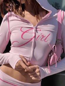 Women's Casual Graphic Print "Girl" Zip-Up Hoodie And Pants Set, Street Style Sporty Long Sleeve 2-Piece Outfit, Suitable For Party And Gathering Wear, Autumn - 粉色 - 查看 3