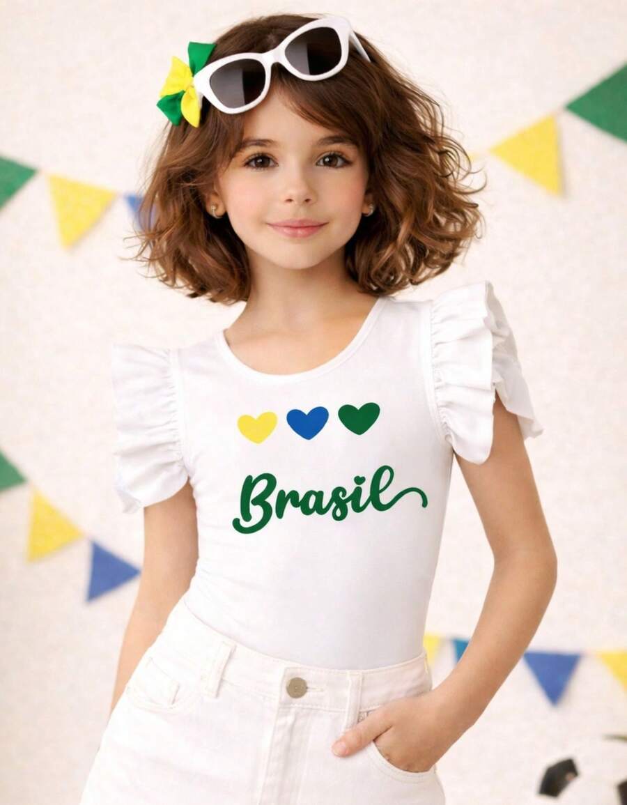 Brazilian Girl's World Cup Fan Bodysuit, Mini Diva Look, Brazil On The Road To The Hexa (Brazil's Sixth World Cup Title), Patriotic Children's Clothing, Fashion Style, Girl's - 白色 - 查看 1