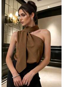 Satin One-Shoulder Blouse With Elegant Butterfly Knot Tie At The Neck, Perfect For The Office. - 鏽棕色 - 查看 2