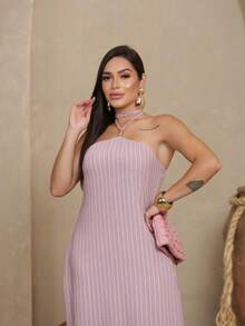 Vestido Feminino Listrado Solto Amarração no Pescoço Luxuoso Confortável Elegante - Rosê - Visão 3