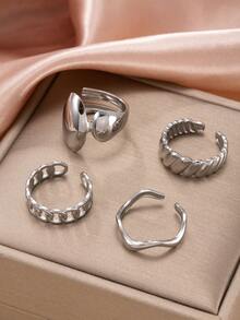 Set de 4 anillos de acero inoxidable elegantes para mujer, que incluye diseños de línea de ola y geométricos, estilo minimalista de lujo, adecuado para uso diario, festivales, citas, compromisos, bodas y fiestas - Plateado - Ver 3