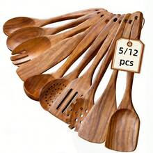 Wooden Spoons For Cooking, 5pcs/12pcs Teak Wood Kitchen Utensils Set  Nonstick Heat Resistant Wooden Cooking Utensils, Natural Healthy Spatula Set For Pots And Pans Teak Wooden Cooking Utensils Set  Non-Stick Wooden Spatula & Spoon Set   Wooden Kitchen Tools Set  Handcrafted Wooden Cooking Spoons Set  Heat-Resistant Wooden Kitchen Utensil Set  Kitchen Essentials - 棕色 - 查看 10
