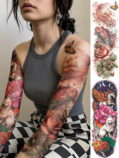 2 Blatt großflächige Körper-Tattoo Aufkleber, unisex, in leuchtenden und realistischen Farben, Motive umfassen Fische, Rosen, Schmetterlinge, Ukiyo-E Stil Füchse, Pfingstrosen, Einhörner usw., wasserfeste Fake Tattoos, können den gesamten Arm bedecken, halten 2-5 Tage, können Narben abdecken, geeignet für Arme, Handgelenke, Schultern, Beine, Taille, Nacken, Hände, Brust, Oberschenkel, Finger und andere Körperteile, passend für Freundinnen, Paar, Partys und andere Anlässe.