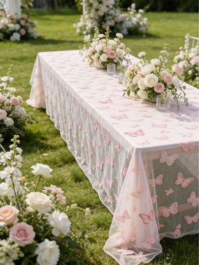 1Pc Pink Butterfly Tulle Mesh Tablecloth,Gauze Polyester Double-Sided Table Cover,220*130cm Tablecloth,Wedding Decor,Bridal Shower Decor,Birthday Party Decorations,Banquet Table Decor,Anniversary Decor,Table Decoration,Tabletop Decor