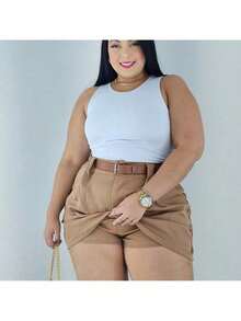Short Skirt Plus Size Tailored With Belt Various Colors Summer - Beige - View 7