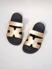 1 双女童拖鞋 - 军绿色双带魔术贴平底凉鞋，人造革材质，防滑耐磨，露趾，低帮，平跟，甜美休闲风格，非常适合夏季海滩旅行/户外度假，柔软透气。 - 金色 - 查看 1