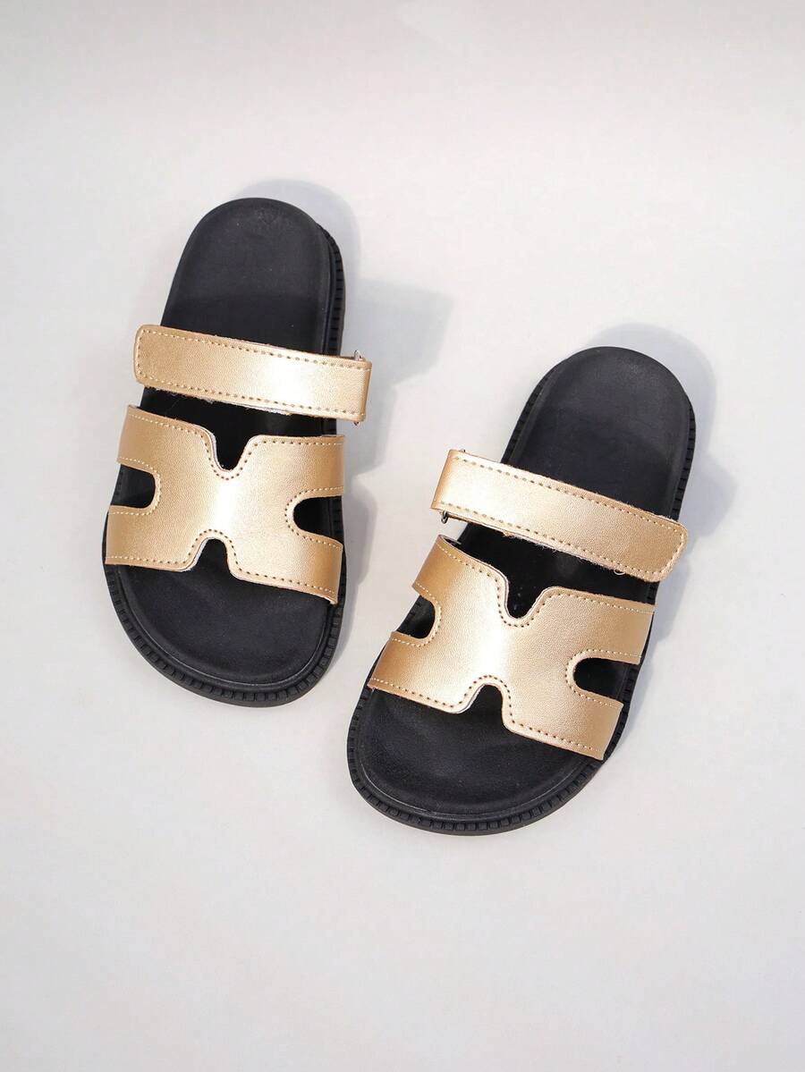 1 双女童拖鞋 - 军绿色双带魔术贴平底凉鞋，人造革材质，防滑耐磨，露趾，低帮，平跟，甜美休闲风格，非常适合夏季海滩旅行/户外度假，柔软透气。 - 金色 - 查看 1