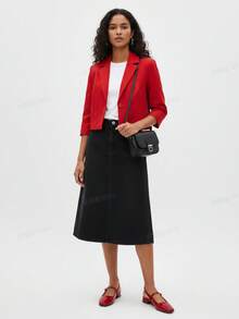 Zapatos Mary Jane para mujer de punta cuadrada retro, charol francés rojo, correa con hebilla, talón descubierto, taco bajo y ancho - Rojo - Ver 5
