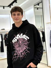 Men's Hip Hop Spider Web Pattern Graphic Alphabet Print Harajuku Vintage Hoodie Long Sleeve Street Wear Top For Both Men And Women Oversized Hoodies,Y2k Hoodies - Black - View 2