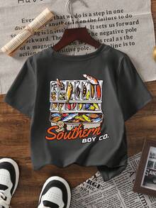 1pc Toddler Boys' Deep Gray Fishing Graphic Short Sleeve T-Shirt, Summer New Outdoor Fishing Lure Tackle Box Design, Comfortable Breathable Children American Vintage Casual Top - Dark Grey - View 3