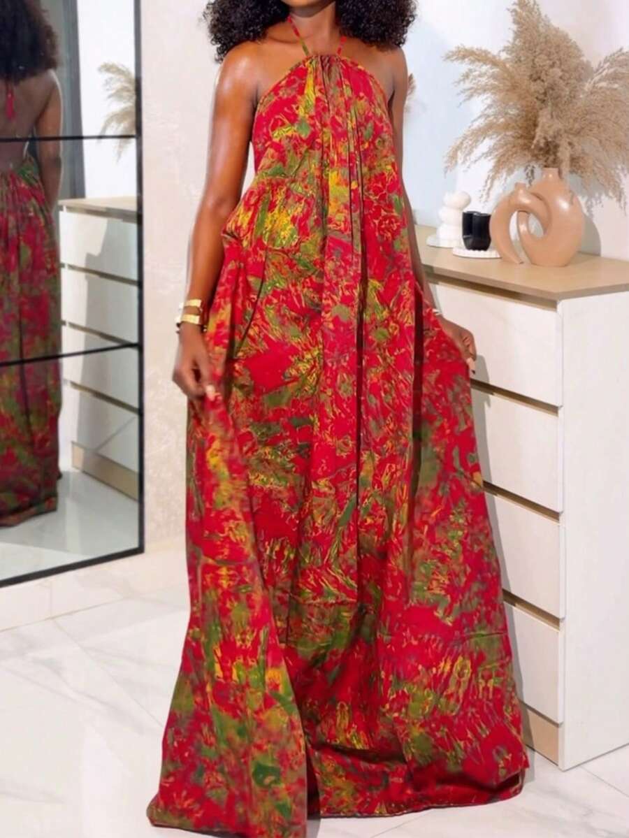 Đầm hở lưng cổ yếm, kiểu dáng thường ngày, in họa tiết nhuộm tie-dye, thích hợp cho kỳ nghỉ biển. - Nhiều màu - Xem 1