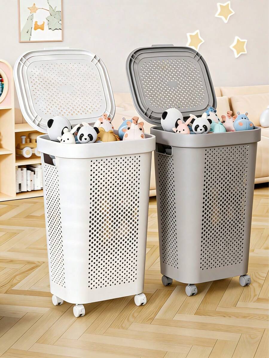 2pcs Hollow-Out Breathable Design Laundry Basket, With Lid For Dust Prevention, Multiple Colors Available, Size 40*29*62cm, Large Capacity For Storing Dirty Clothes And Sundries, Stable With Feet - Multicolor - View 1
